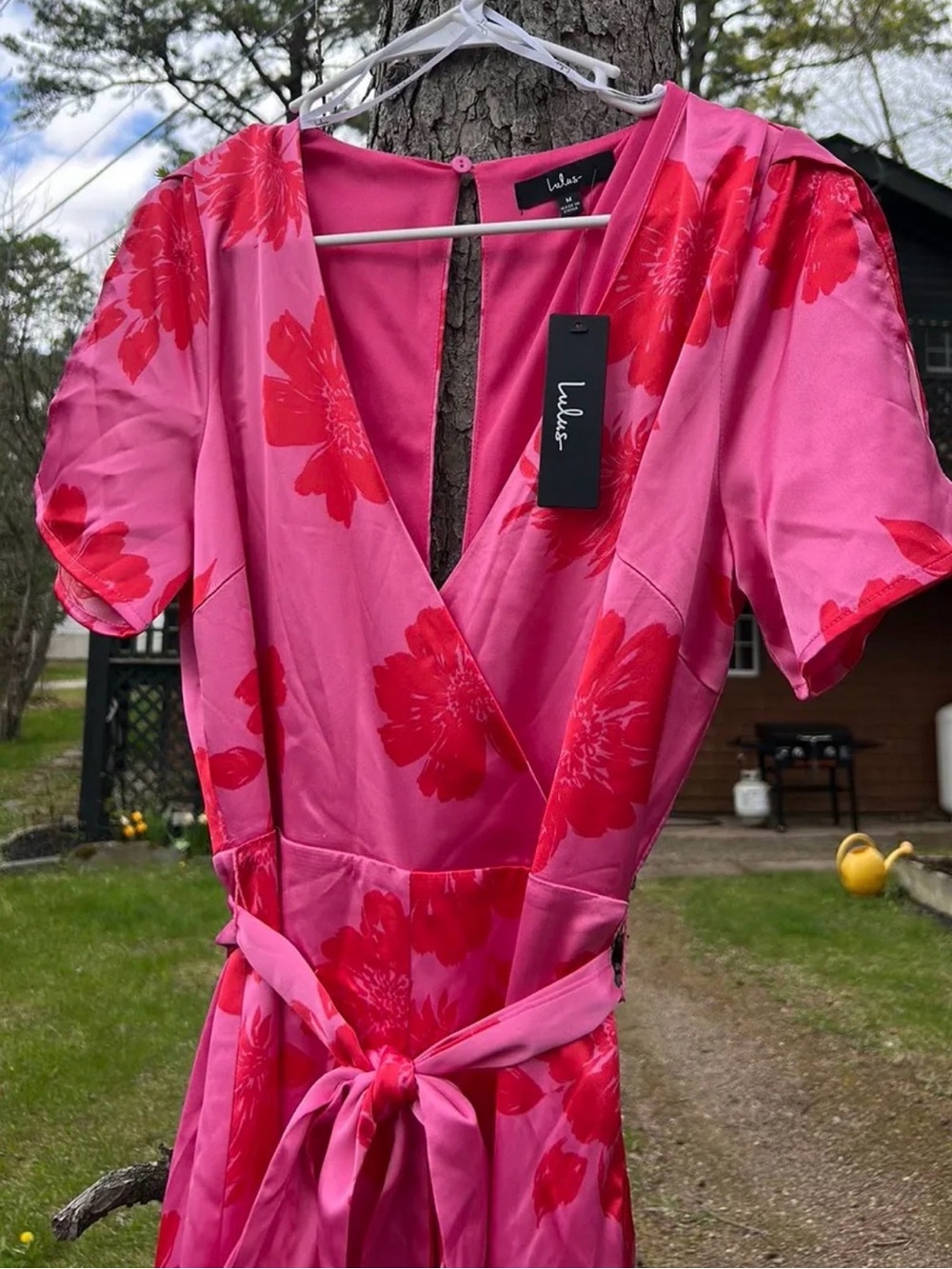 Lulu's Pink Full Length Jumpsuit with Red Floral Print and Tie Waist